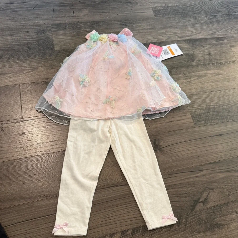 Rare Editions Pink & Cream Floral Tulle Top with Cream Leggings